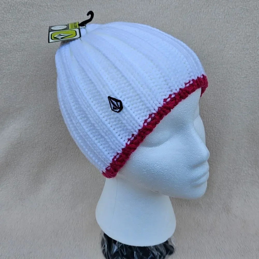 Volcom White with Hot Pink Trim Chunky Knit Beanie